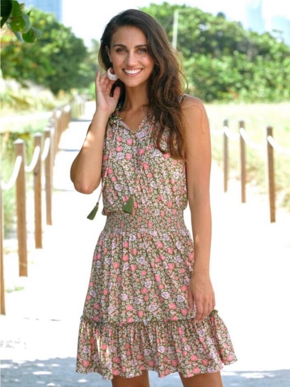 Cabana Life Pink Floral Tie-Front Ruffle Mini Dress